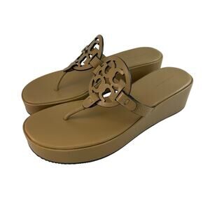 Tory Burch Miller Wedge Logo Thong Sandal Brown New L